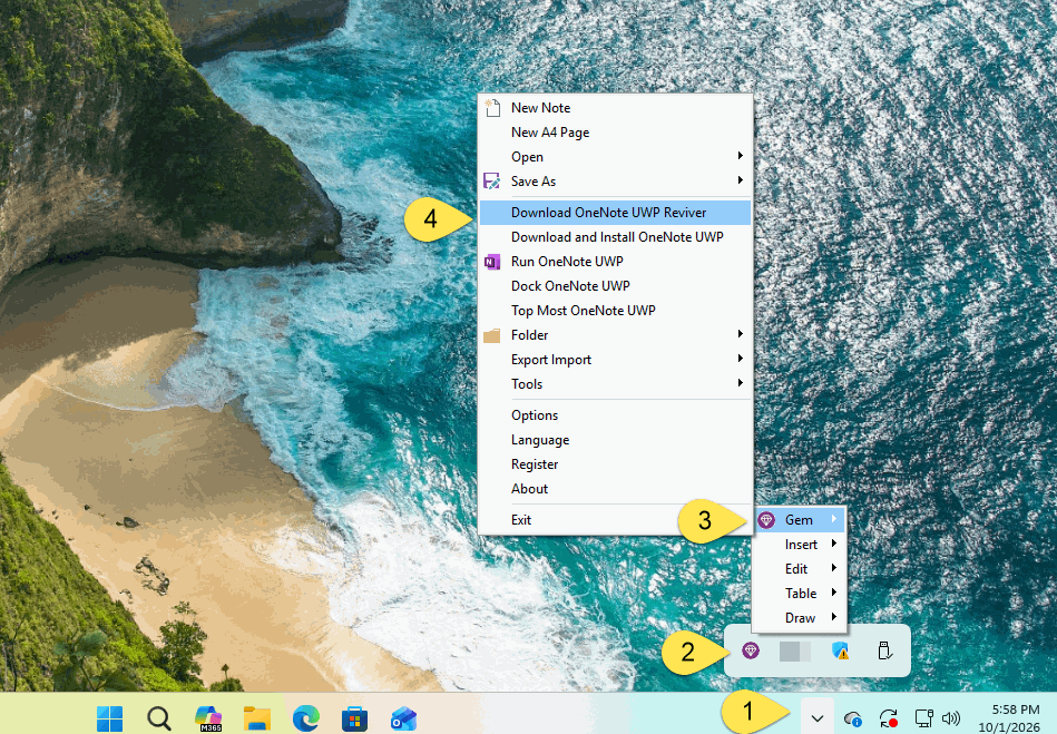 珍宝菜单里的“下载 OneNote UWP Reviver 起死回生工具“菜单项