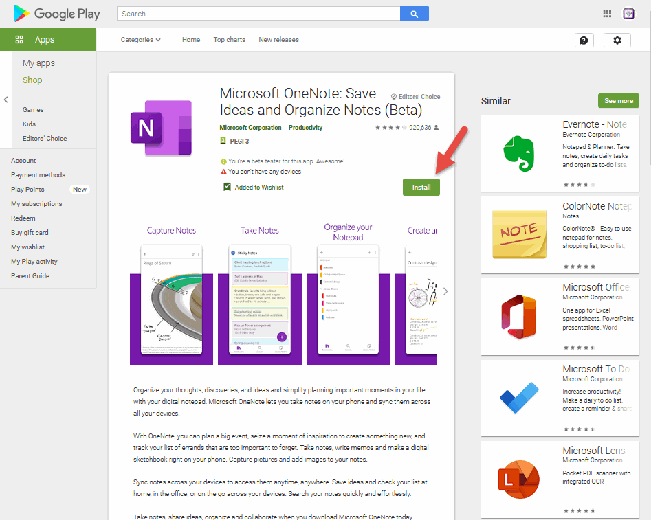 在 Microsoft OneNote: Save Ideas and Organize Notes (Beta) 产品网页，点击 Install 按钮安装