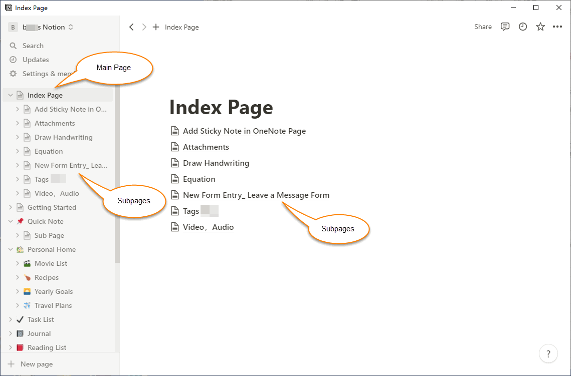 要想在Notion 中批量导出页面，需要创建主页和子页的结构