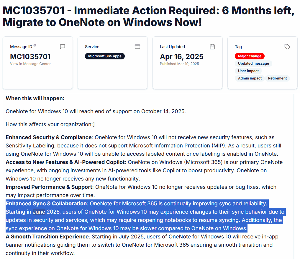 从2025年6月开始,Windows 10 上的 OneNote 用户可能会因为安全和服务的更新而经历同步行为的变化,这可能需要重新打开笔记本以恢复同步。此外,Windows 10 上的 OneNote 的同步体验可能比 Windows 上的 OneNote 更慢。