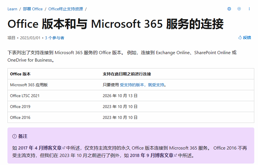下表列出了支持连接到 Microsoft 365 服务的 Office 版本